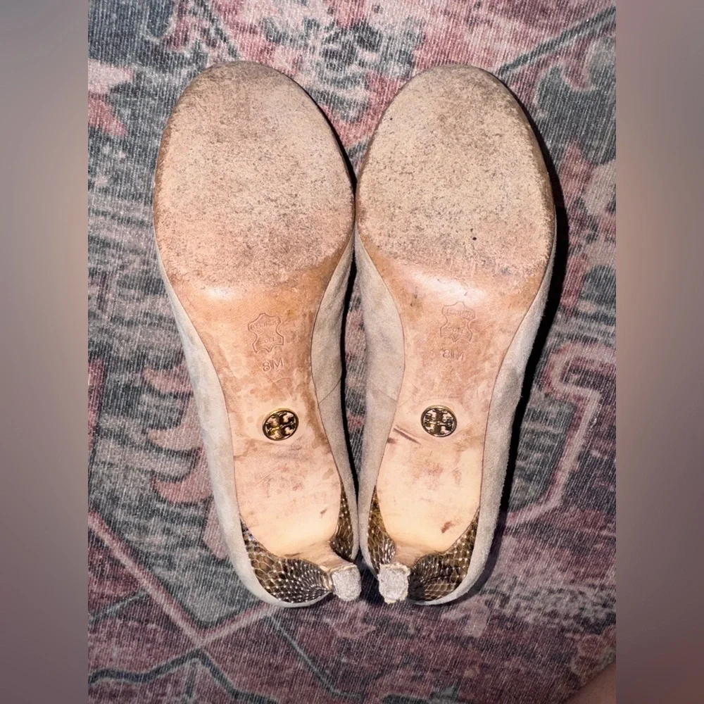 Taupe Tory Burch Mabel Suede Pumps with Snakeskin‎ Heel